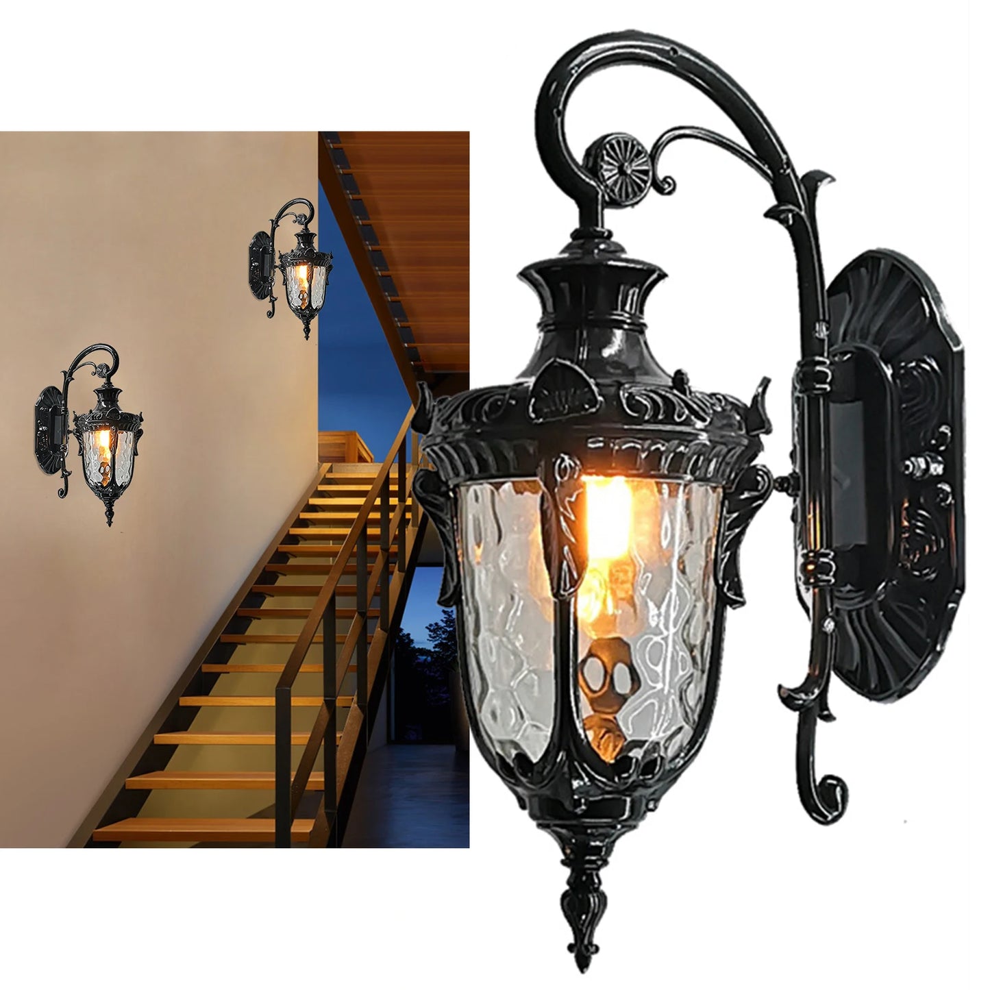 Bronze Exterior Wall Lantern Waterproof Sconce Porch Lights Wall Mount with Hammered Glass Shade