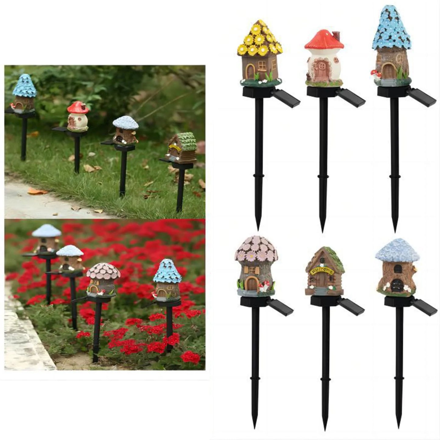 Solar Powered Small House Lights Resin Lights New Courtyard Lights Tree Lights Cartoon House Outdoor Lights for Porch Ceiling