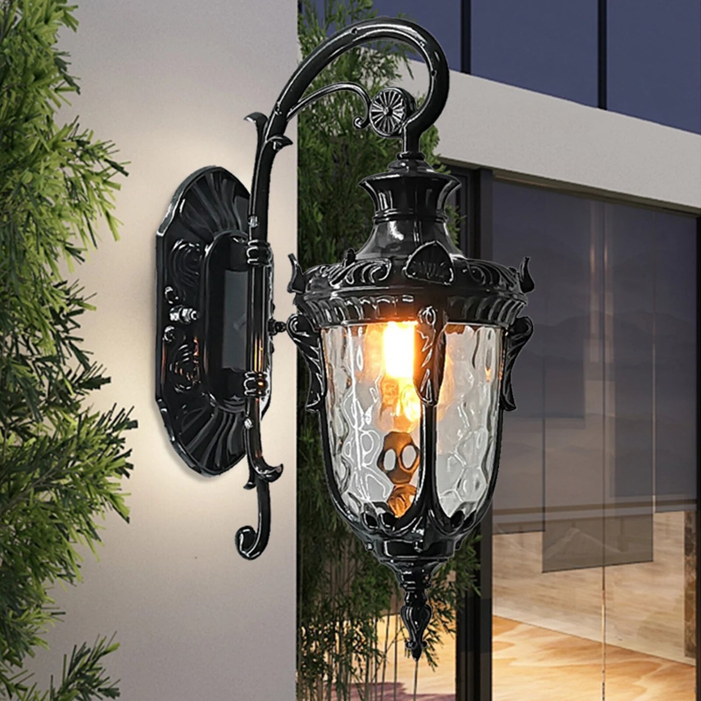 Bronze Exterior Wall Lantern Waterproof Sconce Porch Lights Wall Mount with Hammered Glass Shade