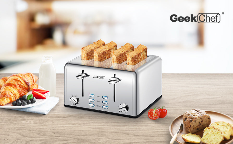 Toaster 4 Slice, Geek Chef Stainless Steel Extra-Wide Slot Toaster With Dual Control Panels Of Bagel,Defrost,Cancel Function,