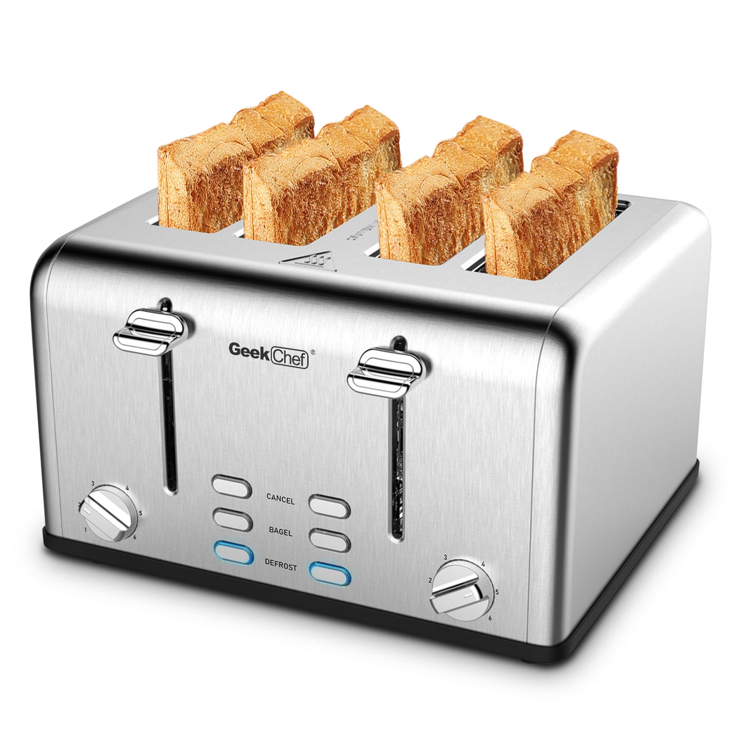 Toaster 4 Slice, Geek Chef Stainless Steel Extra-Wide Slot Toaster With Dual Control Panels Of Bagel,Defrost,Cancel Function,