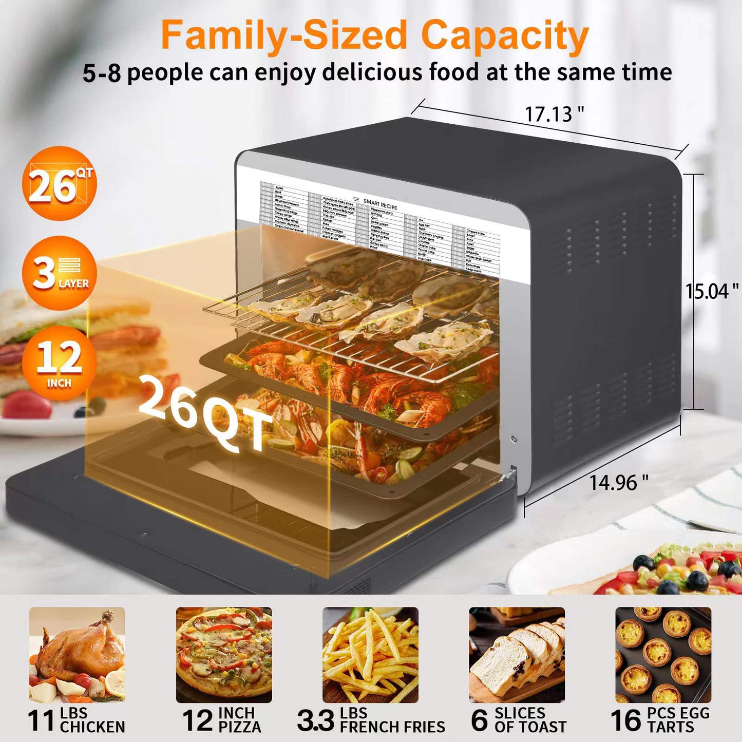 Geek Chef Steam Air Fryer Toast Oven Combo , 26 QT Steam Convection Oven Countertop , 50 Cooking Presets, With 6 Slice Toast, 12 In Pizza, Black Stainless Steel.